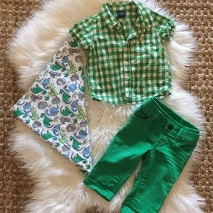 Baby Gap outfit & dinosaur blanket.